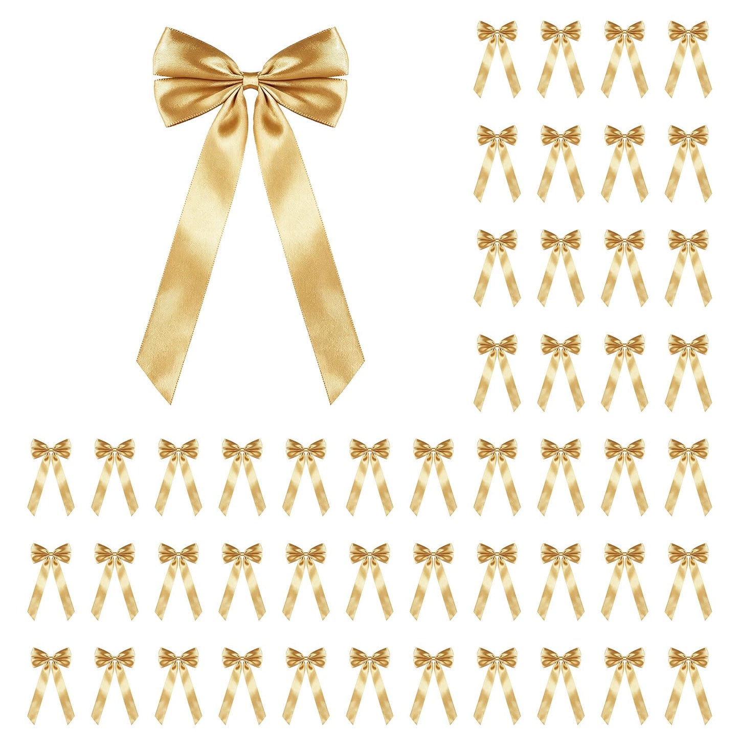 50Pcs Gold Satin Bows for Christmas Tree, 4 x 8 inch Xmas Ornaments with Pre-Made Twist Ties & Self-Adhesive, for Tree Cabinet Front Door Wreath Holiday Home Decor