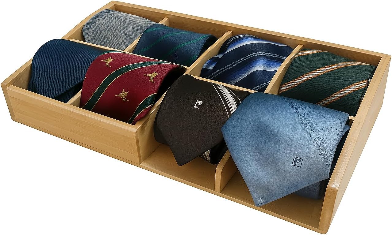 Belt Organizer for Closet and Drawer – 8 Compartments Bamboo Storage Box for Belts and Ties – Eco-Friendly Natural Bamboo