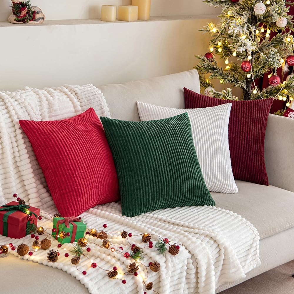 MIULEE Decorative Corduroy Pillow Covers Soft Solid Pack of 2 Cushion Cases Boho Square Throw Pillow Covers Christmas Red Pillowcases for Couch Chair Sofa Bed Living Room Home Decor 18 x 18 Inch