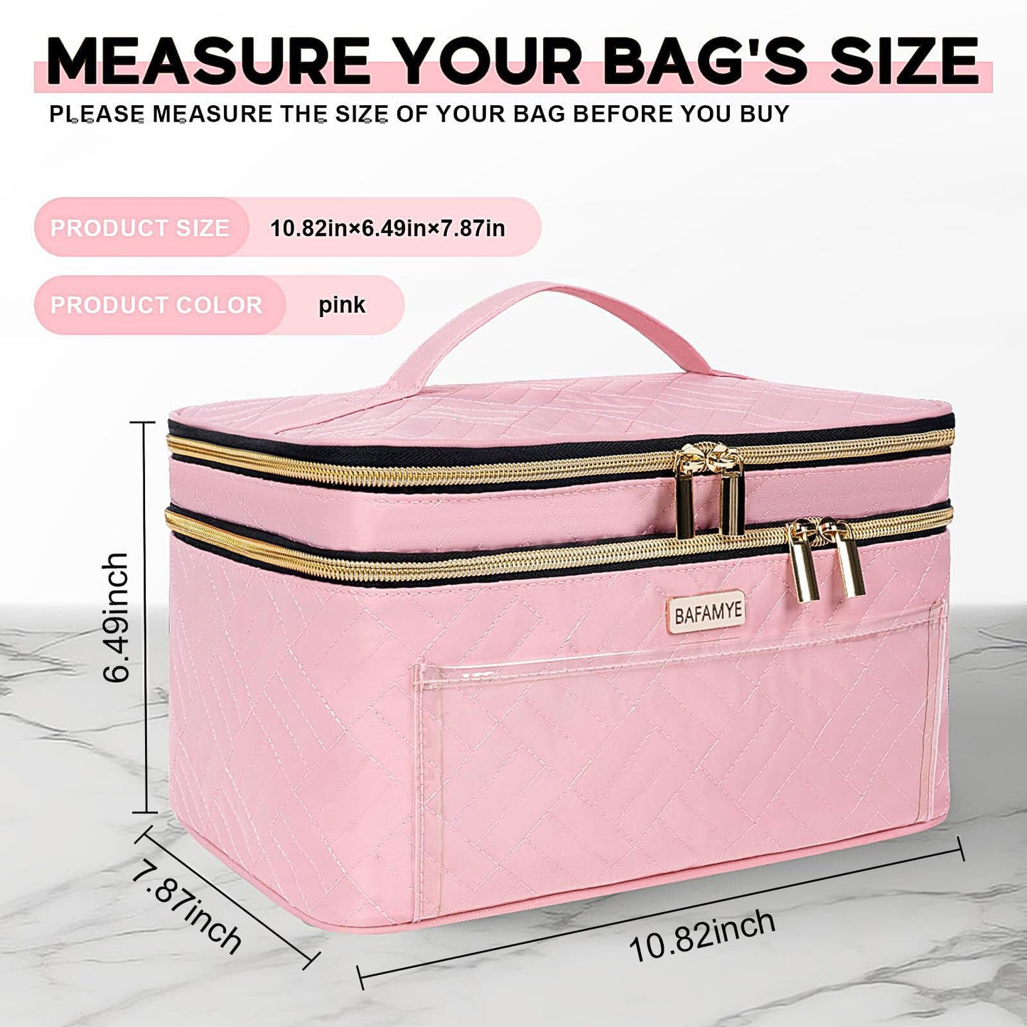 BAFAMYE Double Layer Travel Makeup Bag for Women, Large Cosmetic Case Organizer with Makeup Brush Compartment, Portable Train Case Make Up Bag for Travel-Size