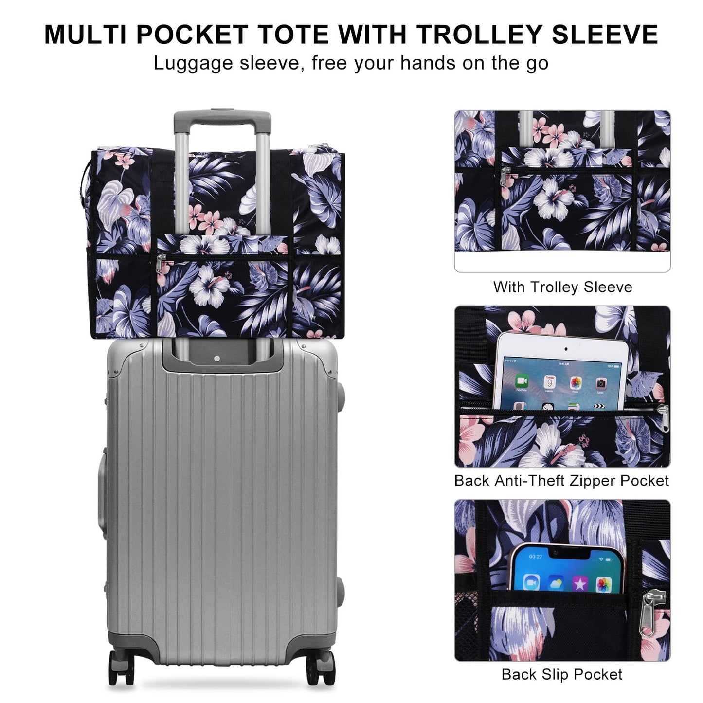 HAWEE Utility Zippered Tote Bag with Laptop Compartment and Luggage Sleeve for Nursing Work Travel 15 Pockets Water Repellent Commuter Bag, Hibiscus