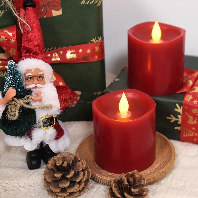 Red LED Pillar Candles, 3inch - Battery Operated with Remote Timer, Flickering Flame, Lasts Over 600 Hours, Perfect for Christmas and Halloween Deco (Red, 3"*3"-2pcs)