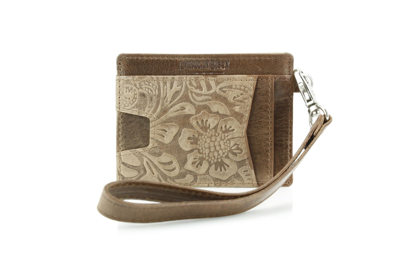 American Bison Embossed Floral Wristlet Wallet for Women – Small ID Card Holder with Credit Card Slots & Pull Tab Organizer – Compact Leather Wrist Strap Clutch (Brown)