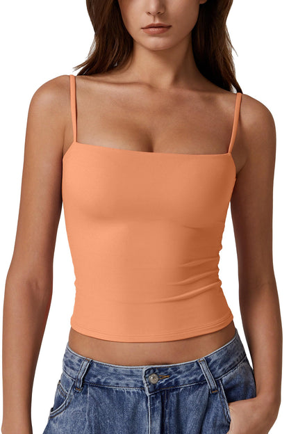 QINSEN Women Basic Spaghetti Straps Cami Shirt Summer Y2K Going Out Double Lined Sexy Tank Top Amber Yellow XS