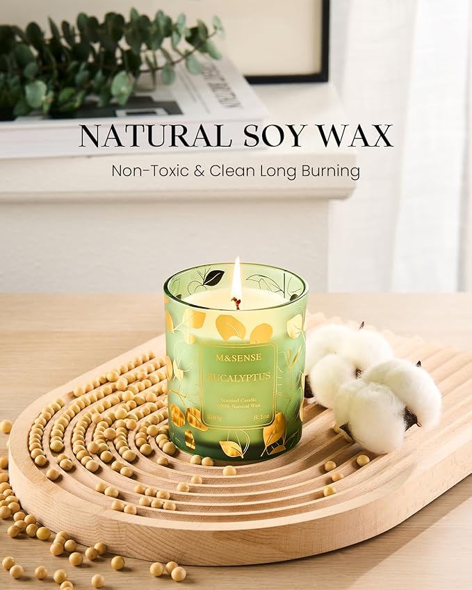 M&SENSE Eucalyptus Candles,Vegan Soy,8.1oz 42-Hour Slow Burning Time, Scented Candles for Relaxing Calming, Fall Winter Thanksgiving Christmas Housewarming Gifts for Women & Men