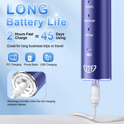 JTF Sonic Electric Toothbrush for Adults: 6 Brush Heads, Travel Bag, Tongue Scraper, 5 Brushing Modes for Teeth, Smart Timer and IPX7 Waterproof, Rechargeable Toothbrush for Deep Cleaning & Whitening