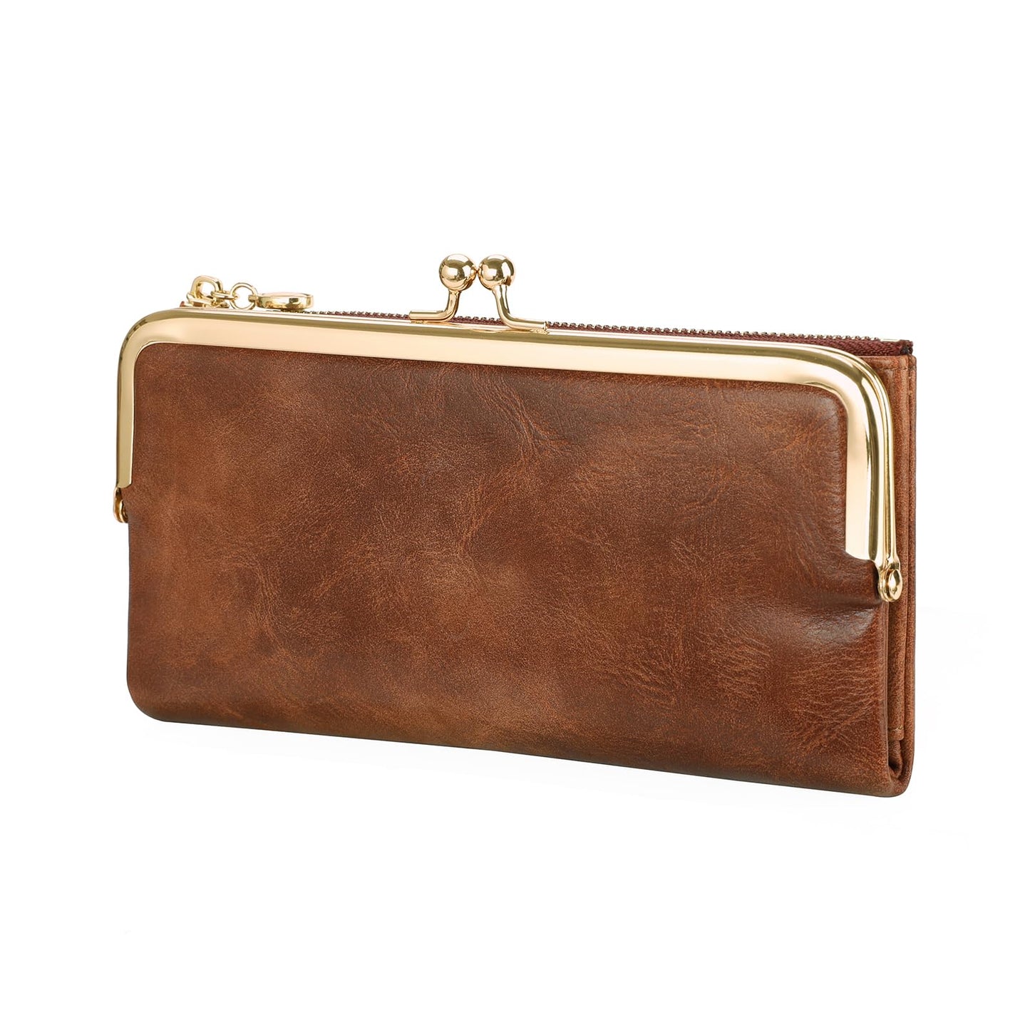 GOIACII Womens Wallet Ladies Vintage Billfold Compact Card Holder Long Zip Clutch Purse with Kiss Lock Brown
