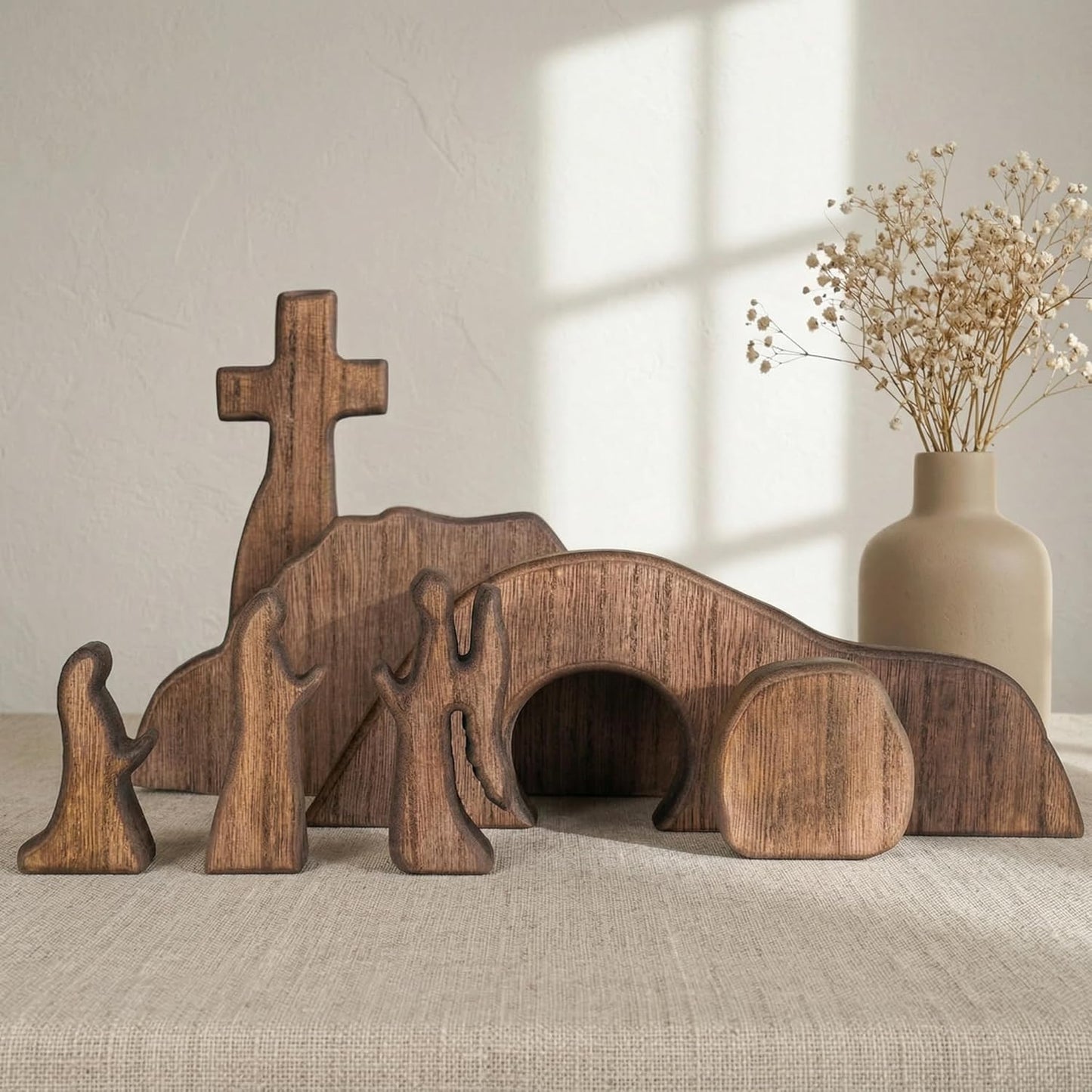 NEROSUN Empty Tomb Easter Scene and Cross Decoration, Wooden Jesus Resurrection Nativity Set, Religious Christian Tabletop Decor for Home Office Christian