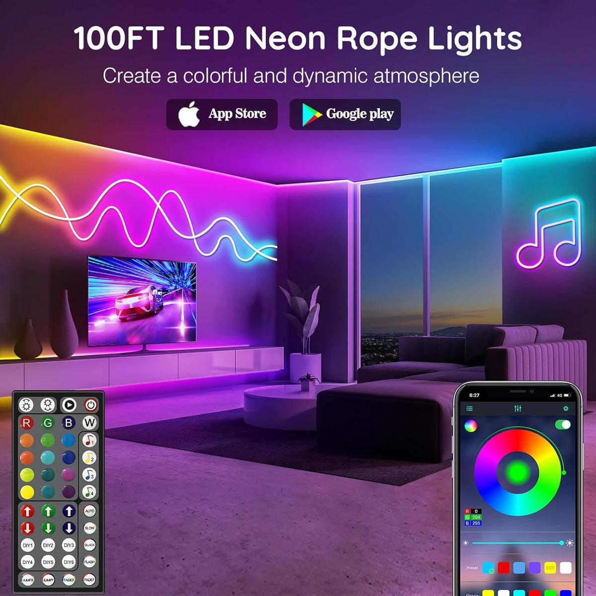 100Ft Neon Rope Lights,Flexible Led Rope Lights Control with App/Remote,Multiple Modes Rope Lights,IP65 Outdoor RGB Led Neon Lights Waterproof,Music Sync Gaming Led Neon Light Strip for Bedroom Decor