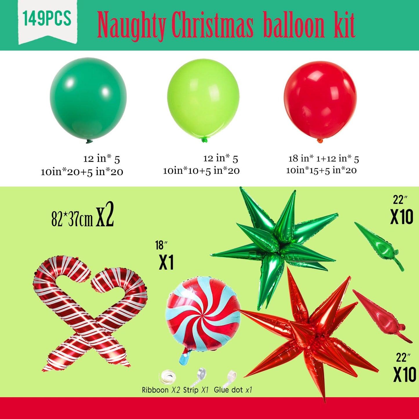 kozee Christmas Balloon Garland Arch Kit140+pcs Xmas Red Green Balloons with candy cane Christmas tree gift box Balloons for Kids Grinchmas Party Naughty Christmas Birthday Decorations