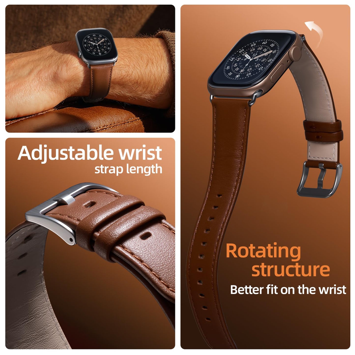 BESTSURE Leather Band Compatible with Apple Watch for Men and Women, Classic Genuine Leather Watch Strap, Fits Ultra/SE/Series 11–3(49/46/45/44/42mm), Brown