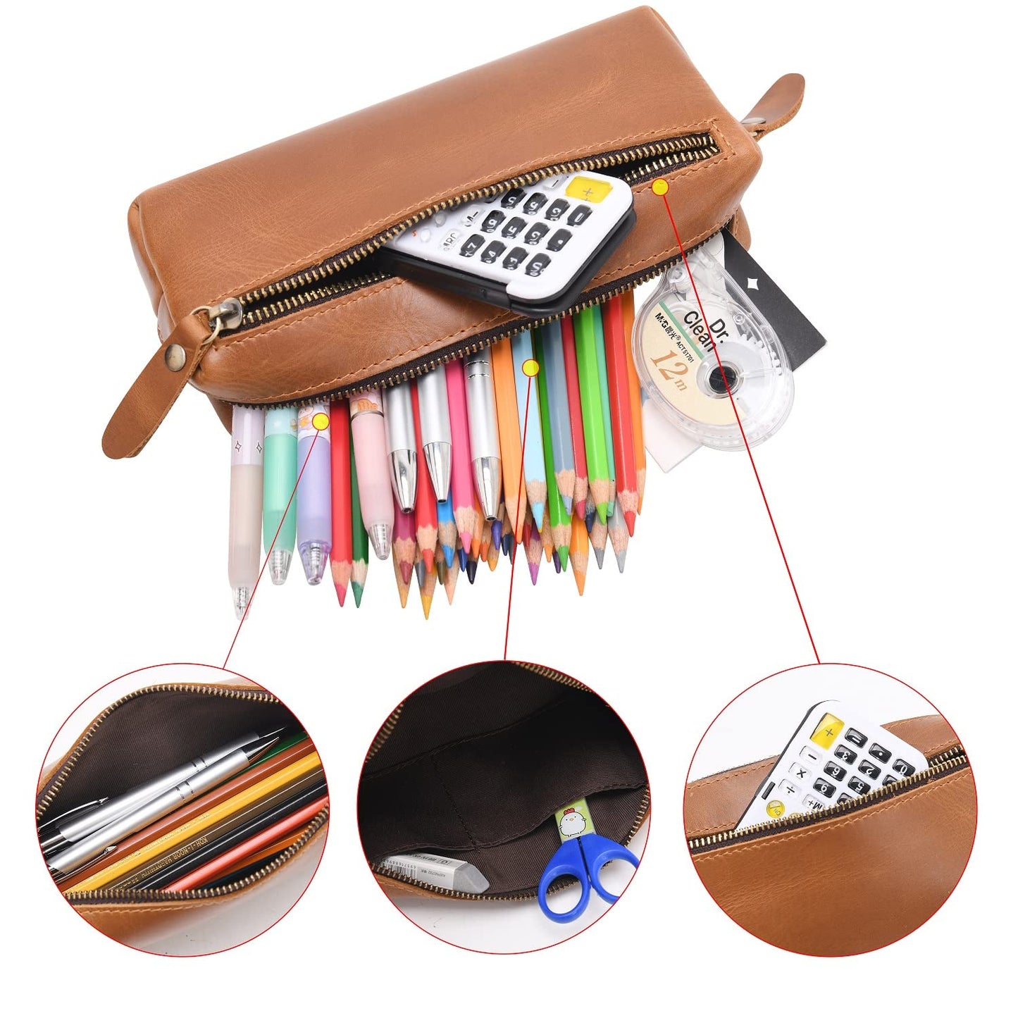 WONDERPOOL Pen Case Real Leather Pencil Pouch Markers Holder Big Capacity Bag with Side Zippered Pocket Sleeve for Stationery Makeup Utensils Organizer (Light brown)