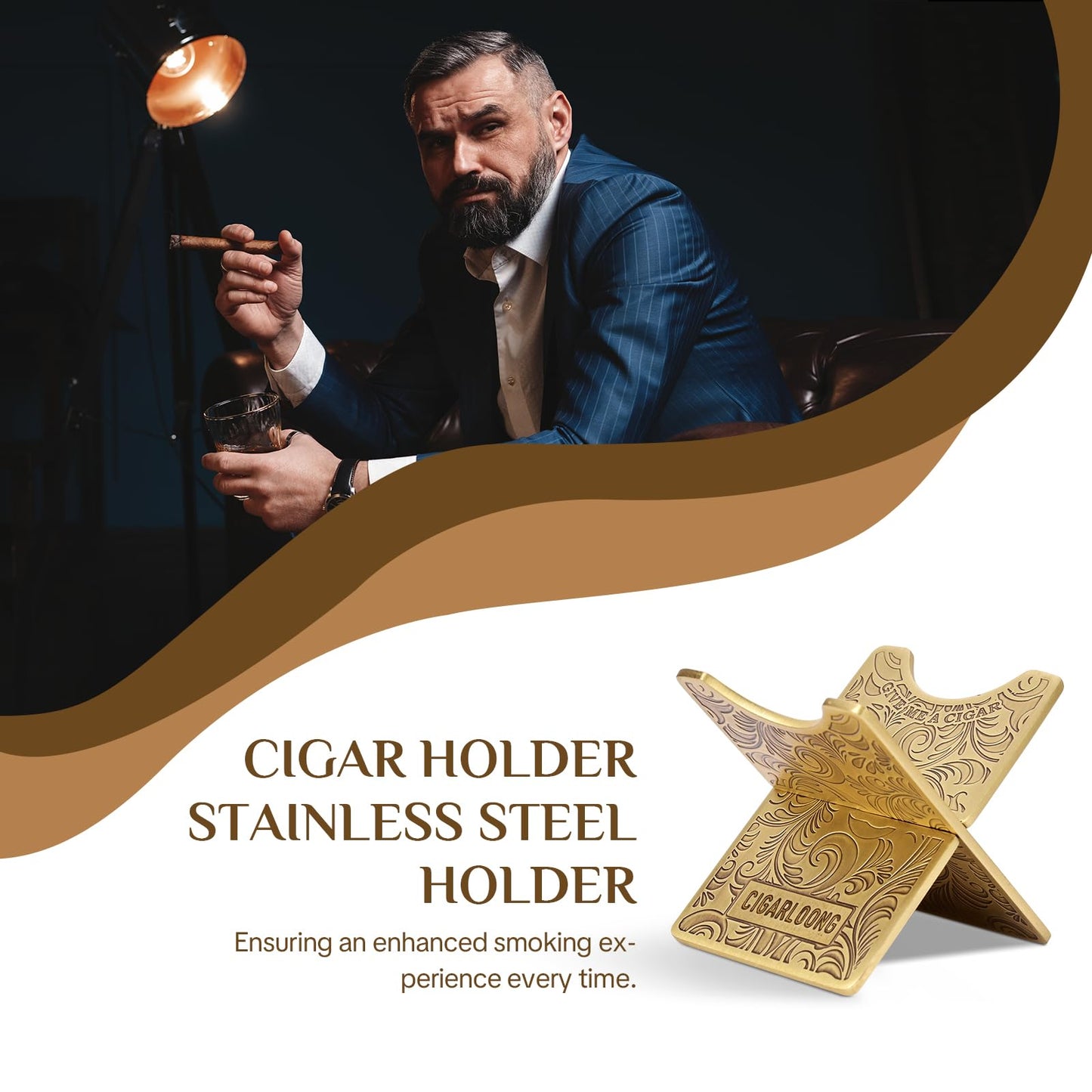 Cigar Stand Rest,Portable Detachable Cigar Stand Holder with PU Leather Case for Travel Outdoor Indoor,Gift for Men (Bright gold)