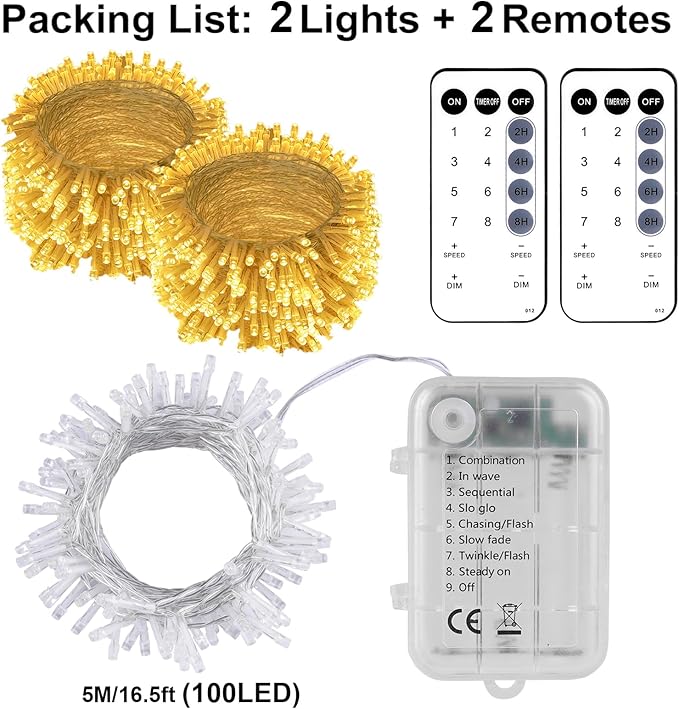 2 Pack 16.5Ft 100 LED Fairy Lights Battery Powered, Outdoor Waterproof Warm White String Lights with Remote, Dimmable Twinkle Lights for Bedroom Wedding Party Classroom Tree Christmas Decoration