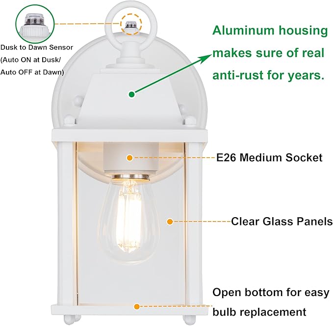 LIT-PaTH Dusk to Dawn Outdoor Wall Lantern, Wall Sconce Waterproof Porch Lighting Fixture, E26 Base, Aluminum Housing with Glass Shade, 1-Pack, White