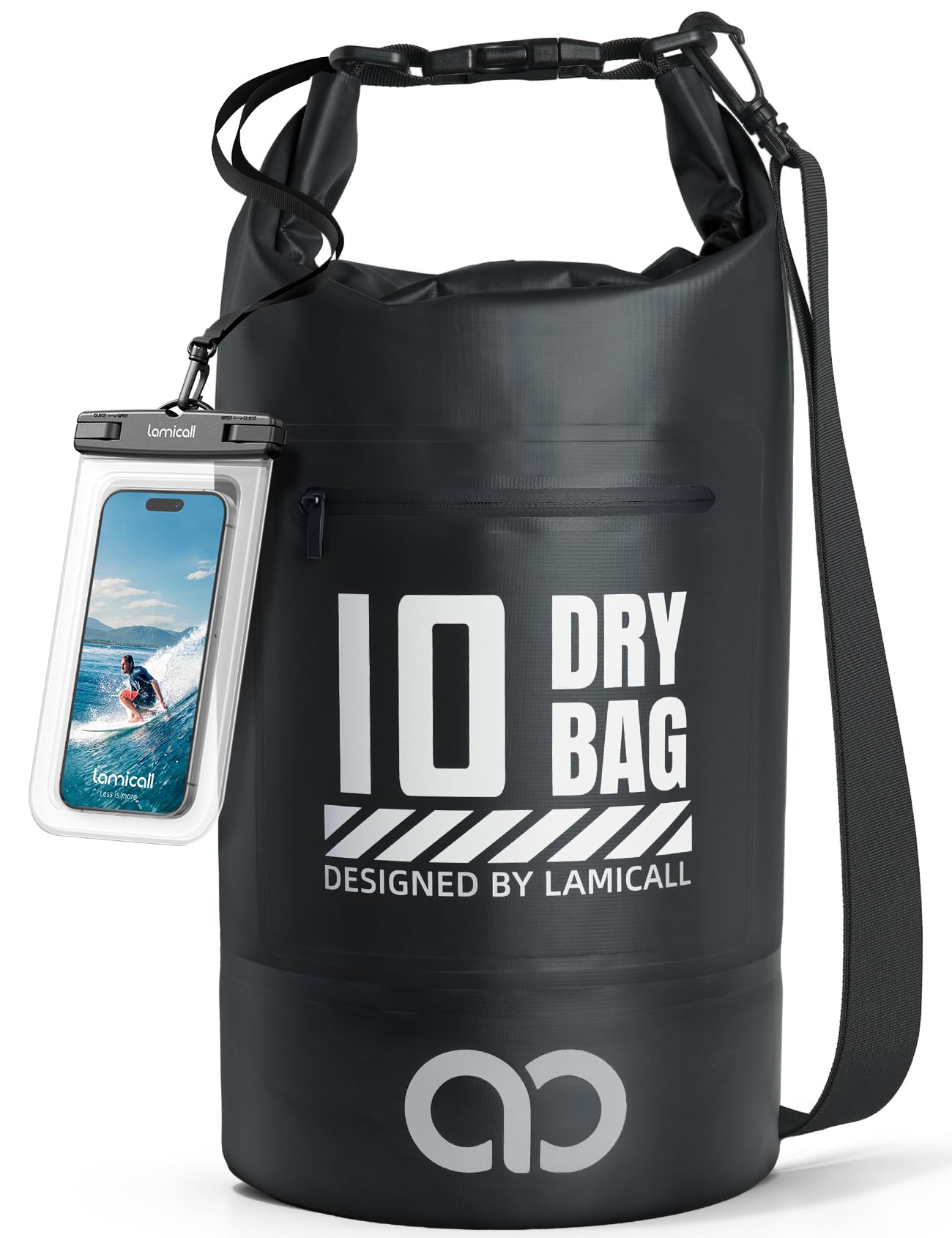 Lamicall Waterproof Dry Bag with Phone Pouch - 5L/10L/20L/30L/40L Floating Roll Top Backpack for Kayaking Boating Beach Camping Fishing - Heavy Duty 500D PVC Marine Dry Sack for Men, Women, Black 10L