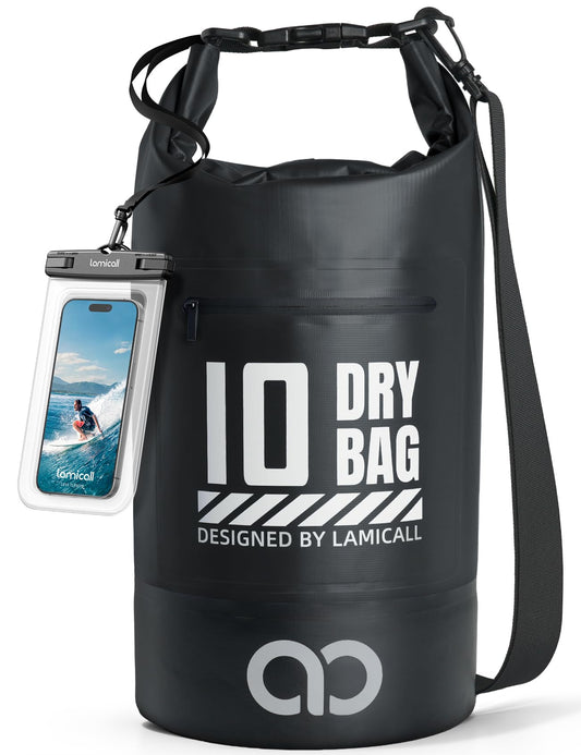 Lamicall Waterproof Dry Bag with Phone Pouch - 5L/10L/20L/30L/40L Floating Roll Top Backpack for Kayaking Boating Beach Camping Fishing - Heavy Duty 500D PVC Marine Dry Sack for Men, Women, Black 10L