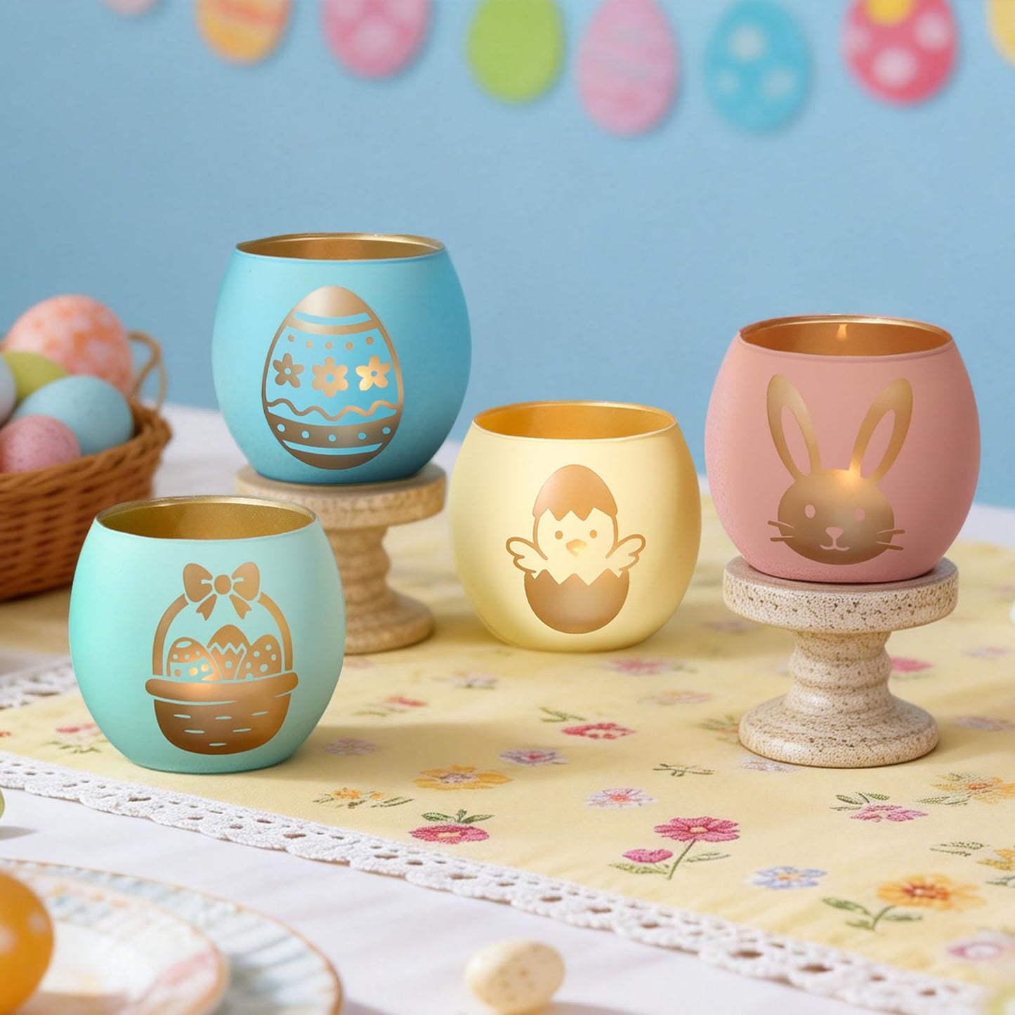 Easter Glass Candle Holders Set of 4, Pastel Tealight Holders with Gold Bunny, Chick & Egg Designs, Decorative Votive Candle Holders for Easter Table Centerpiece, Spring Home Decor & Gifts