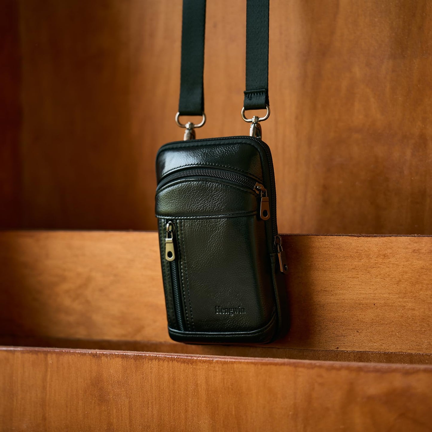 Hengwin Genuine Leather Cell Phone Pouch for Belt, Small Crossbody Purse Shoulder Bag for Men, Phone Holster Case with Belt Clip Fits for iPhone 16 Pro Max 15 Pro Max Samsung Galaxy S25 Ultra (Black)