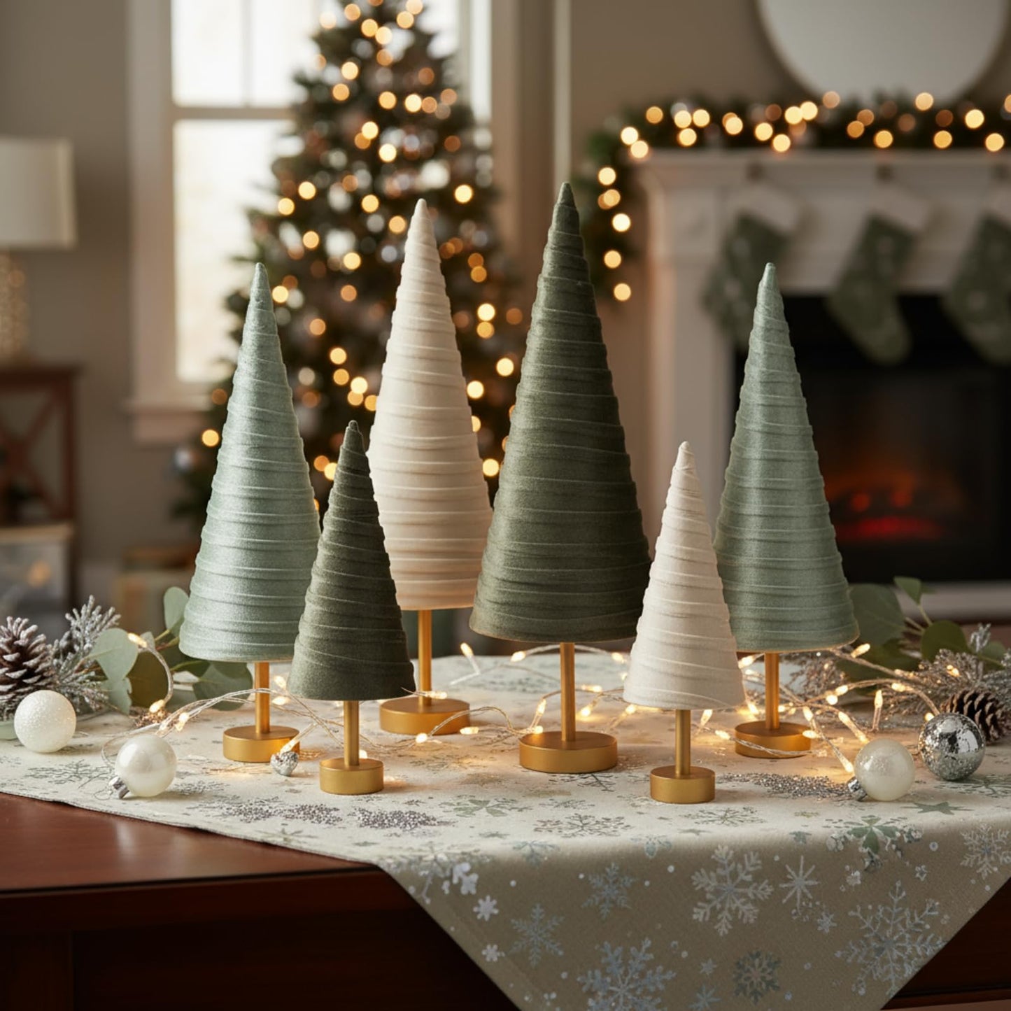 Hoolerry 6 Pcs Christmas Velvet Trees with Gold Pedestal Christmas Velvet Cones Tree Mantel Decor Modern Rustic Winter Home Minimalist for Holiday Entryway Table Wedding Centerpiece(Brown Green)