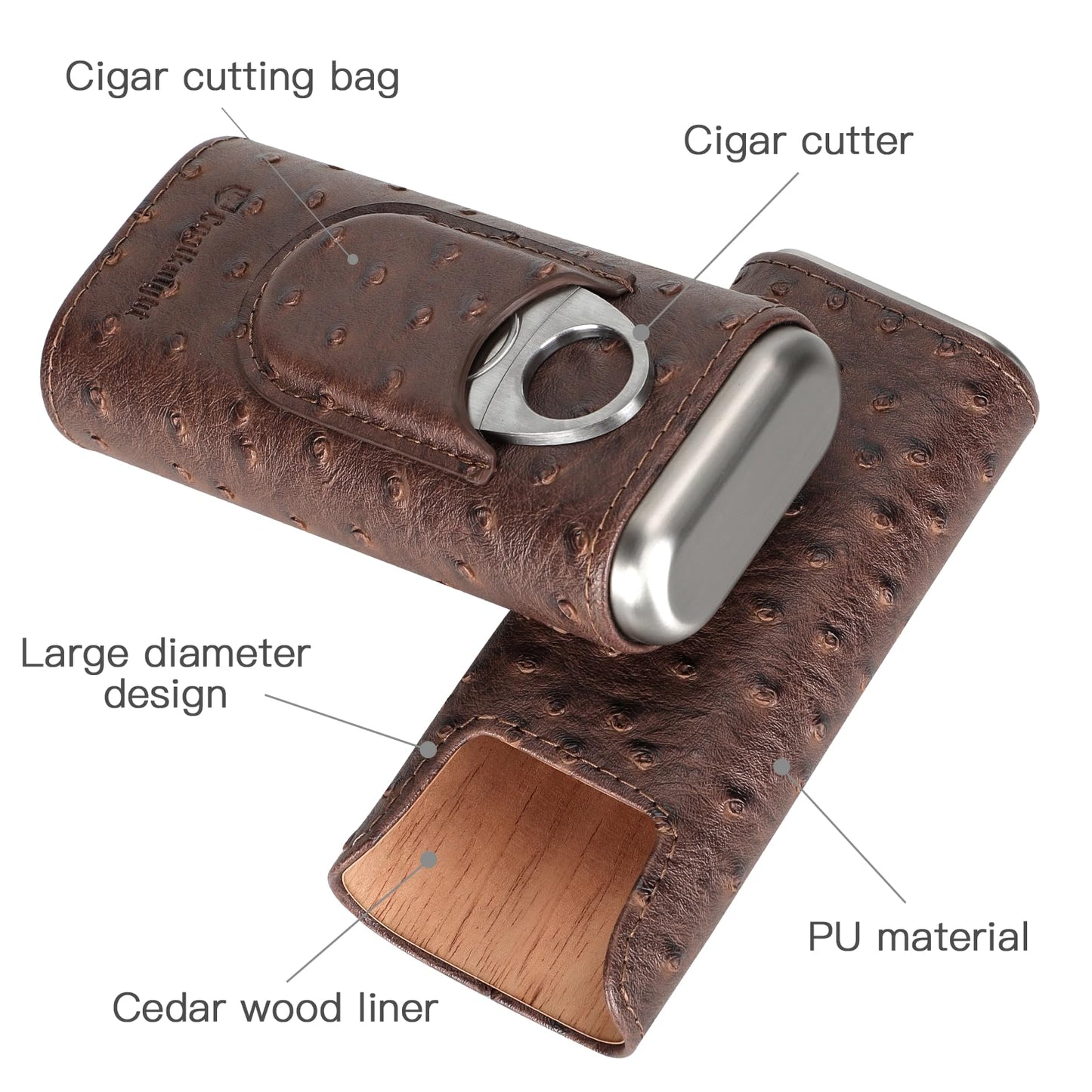 COOL KNIGHT Leather Cigar Case - Cedar Wood Lining Travel Humidors for Cigars - Cigar Accessories Include Stainless Steel Cigar Cutter - Cigar Gift Box for Cigar Lovers (Ostrich Texture)