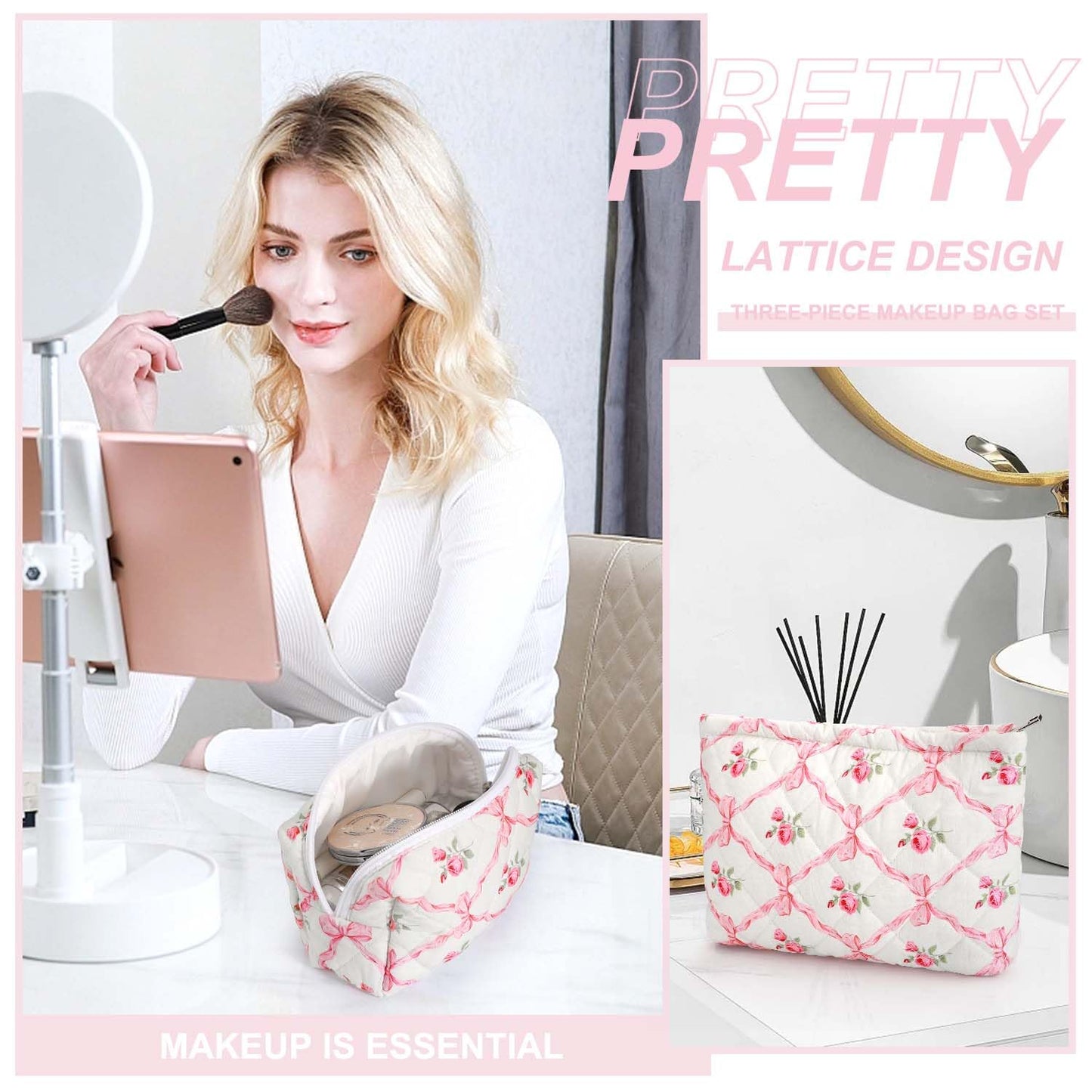 EIMMBD Makeup Bags 3 Pieces Large Capacity Floral Cosmetic Bag Travel Toiletry Bag Organizer Cute Makeup Bag Pouch Storage Bag for Women(Pink Floral)