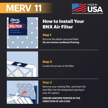 BNX 20x20x1 MERV 11 Air Filter 2 Pack - MADE IN USA - Electrostatic Pleated Air Conditioner HVAC AC Furnace Filters - Removes Dust, Mold, Pollen, Lint, Pet Dander, Smoke, Smog