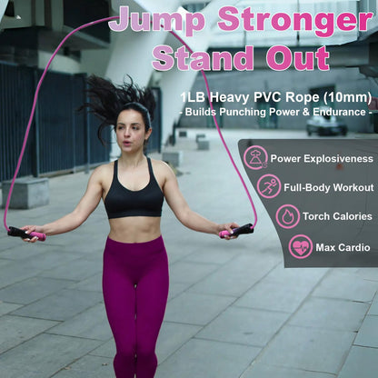 Weighted Jump Rope, 1LB Tangle-Free Ball Bearing Rapid Speed Skipping Rope for Men Women, Adjustable 9mm Cotton & PVC Rope with Alum Handle for Boxing MMA Weight-Loss Athletic Workout Fitness
