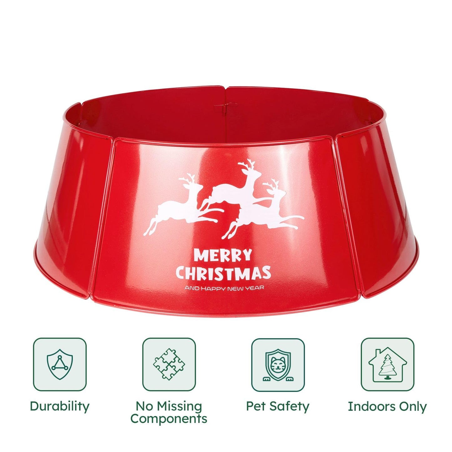 HarcoHome Metal Christmas Tree Collar, 5-Panel Circular Tree Skirt, Durable Red Tree Ring, Iron Construction Base Cover for Xmas Decoration (Top 20.9in, Bottom 28.7in, Height 9.8in)