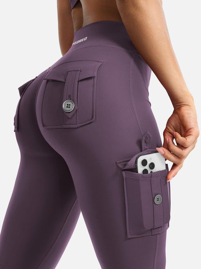 YEOREO CoreFlex Women Workout Flare Leggings with Pockets Hidden Scrunch Cargo Gym Yoga No Front Seam Leggings Black Berry Purple M