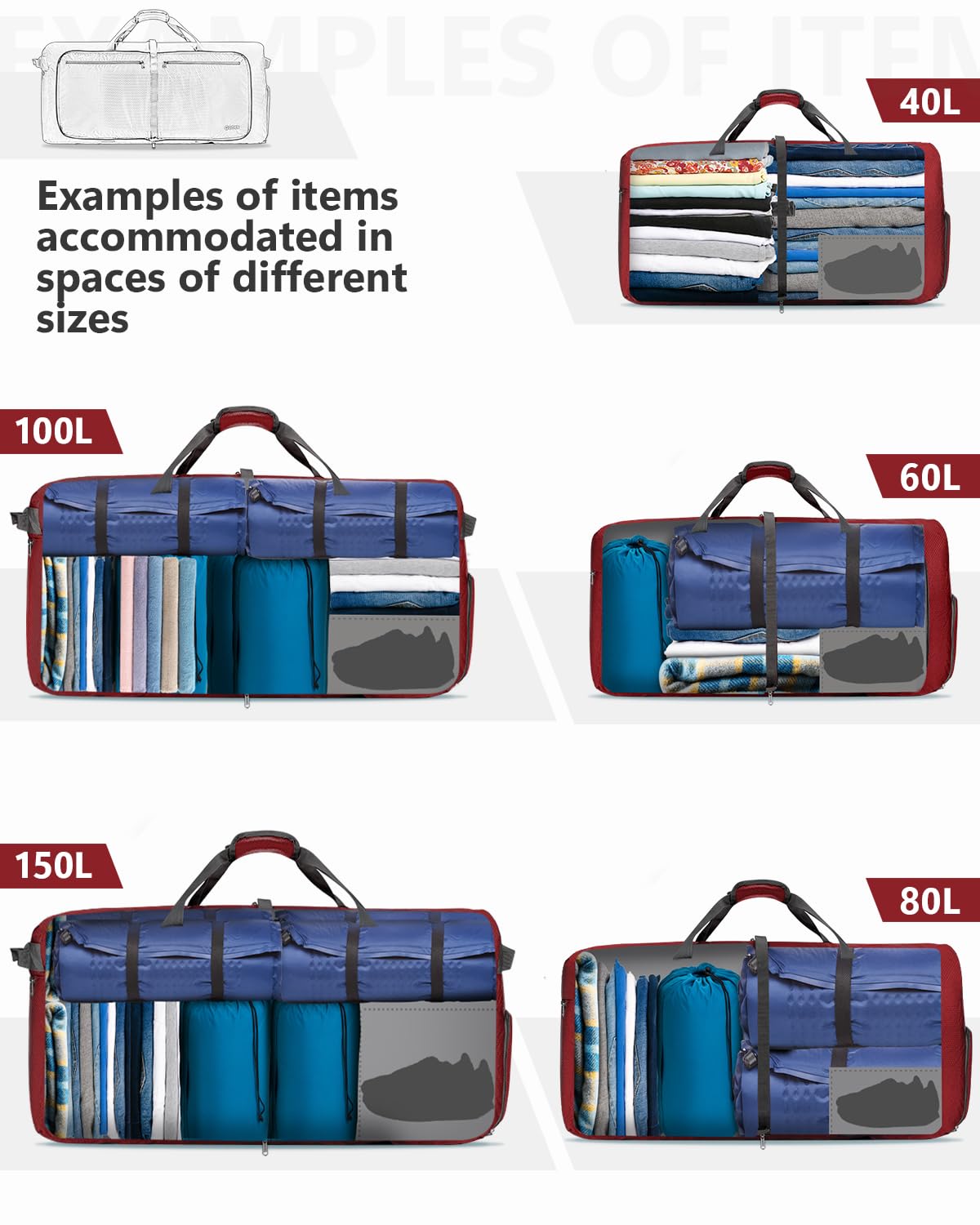 Gonex 100L Large Foldable Travel Duffle Bag with Shoes Compartment, Packable Lightweight Water Repellent Duffel Bag for Camping Gym Weekender Bag Red