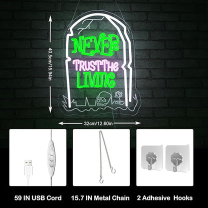 Never Trust The Living Neon Sign Halloween LED Sign for Window Dimmable USB Powered Tombstone Light for Wall Decor Light Up Halloween Signs for Room Bar Secrets Spooky House Decor