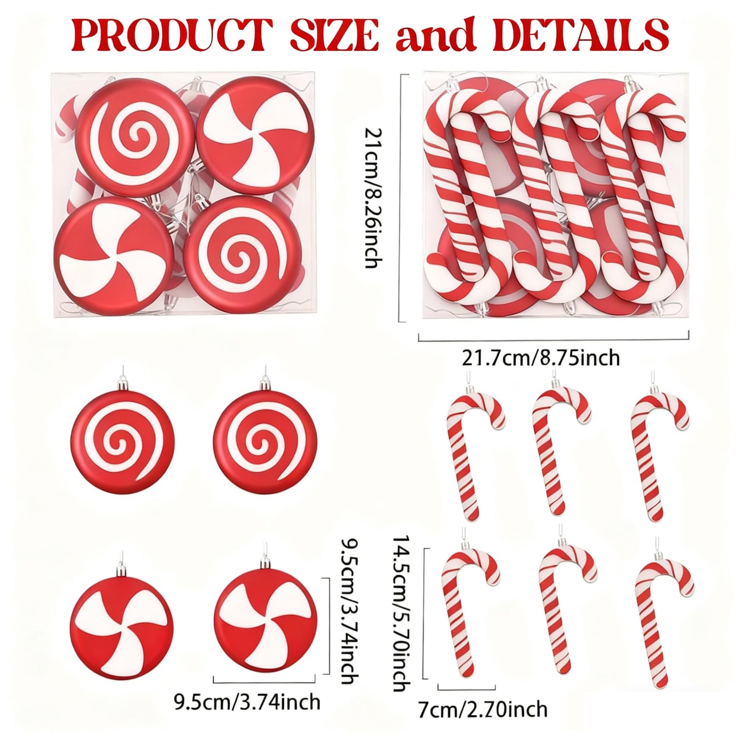 10ct Red and White Christmas Tree Ornaments Shatterproof - Candy Cane and Lollipop Decorations for Xmas Tree, Candyland Theme Party Supplies, Family Kids