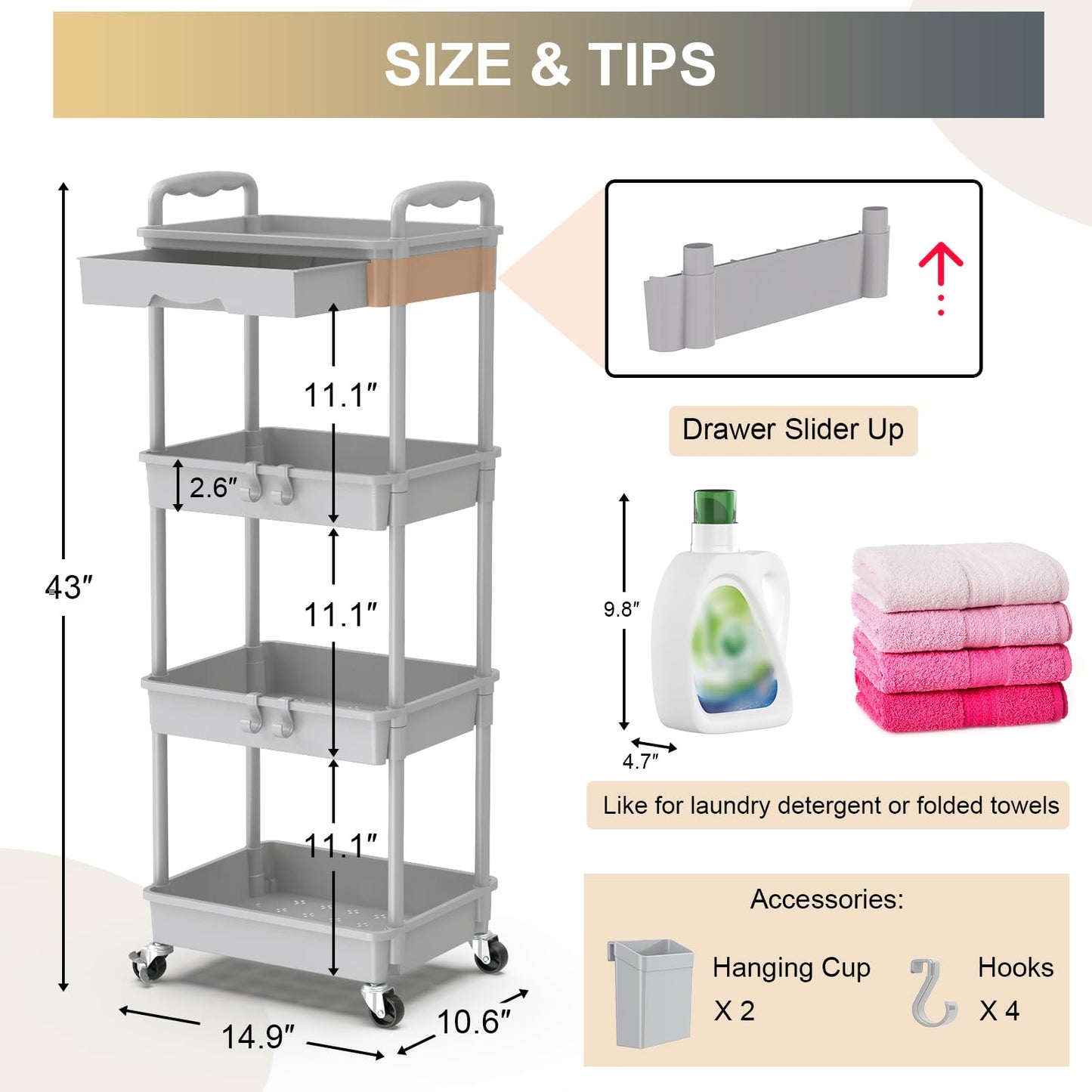 Goovilla 3 Tier Rolling Utility Cart Organizer with Removable Drawer, Stable and Sturdy Black Rolling Storage Carts with 2 Lockable Wheels for Bathroom, Kitchen, Snack, Craft, Makeup, Baby Essentials