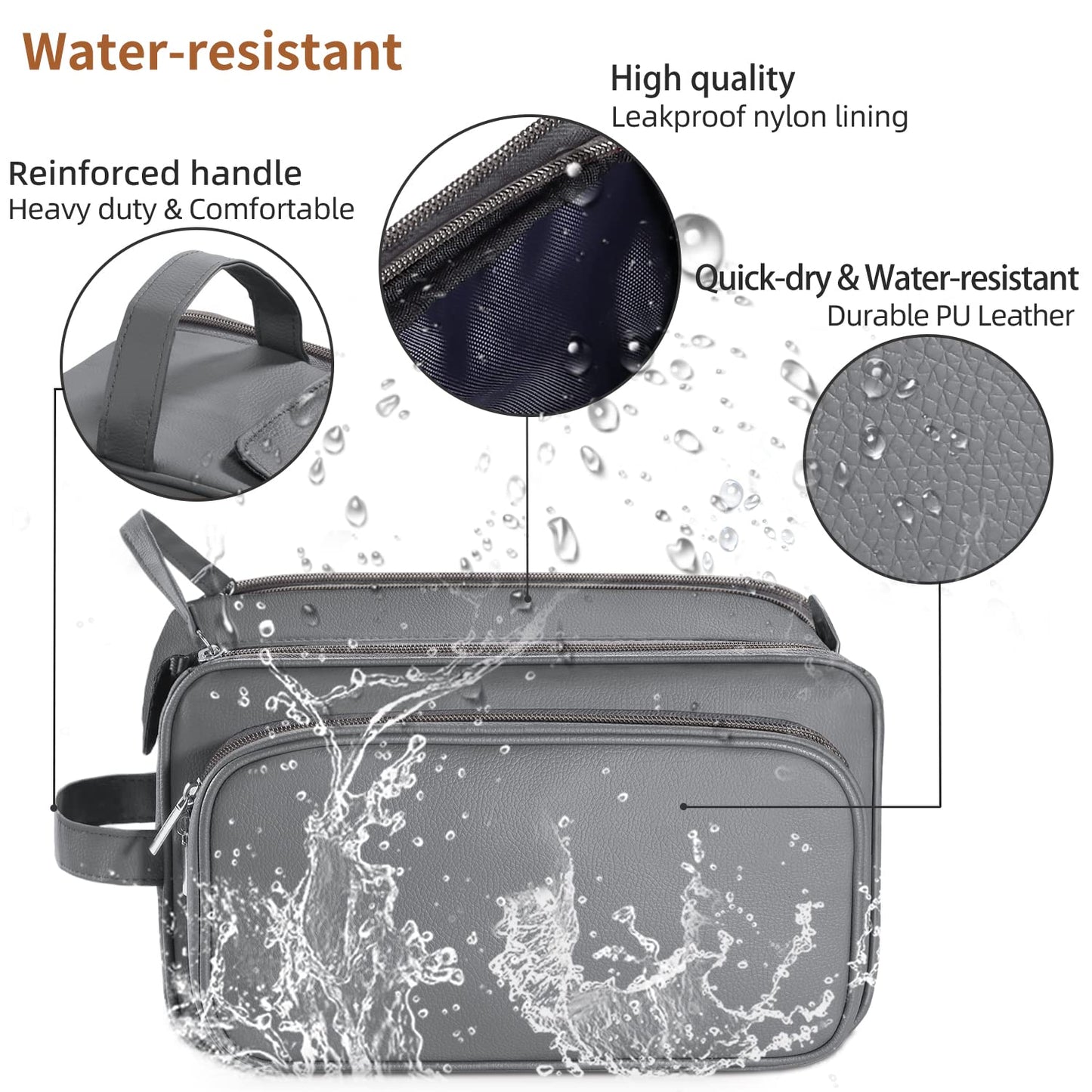 Buruis Extra Large Toiletry Bag for Men, Travel Toiletry Organizer Dopp Kit Water-resistant Shaving Bags, PU Leather Cosmetic Bathroom Shower Bag for Toiletries, Grooming, Accessories (Grey)