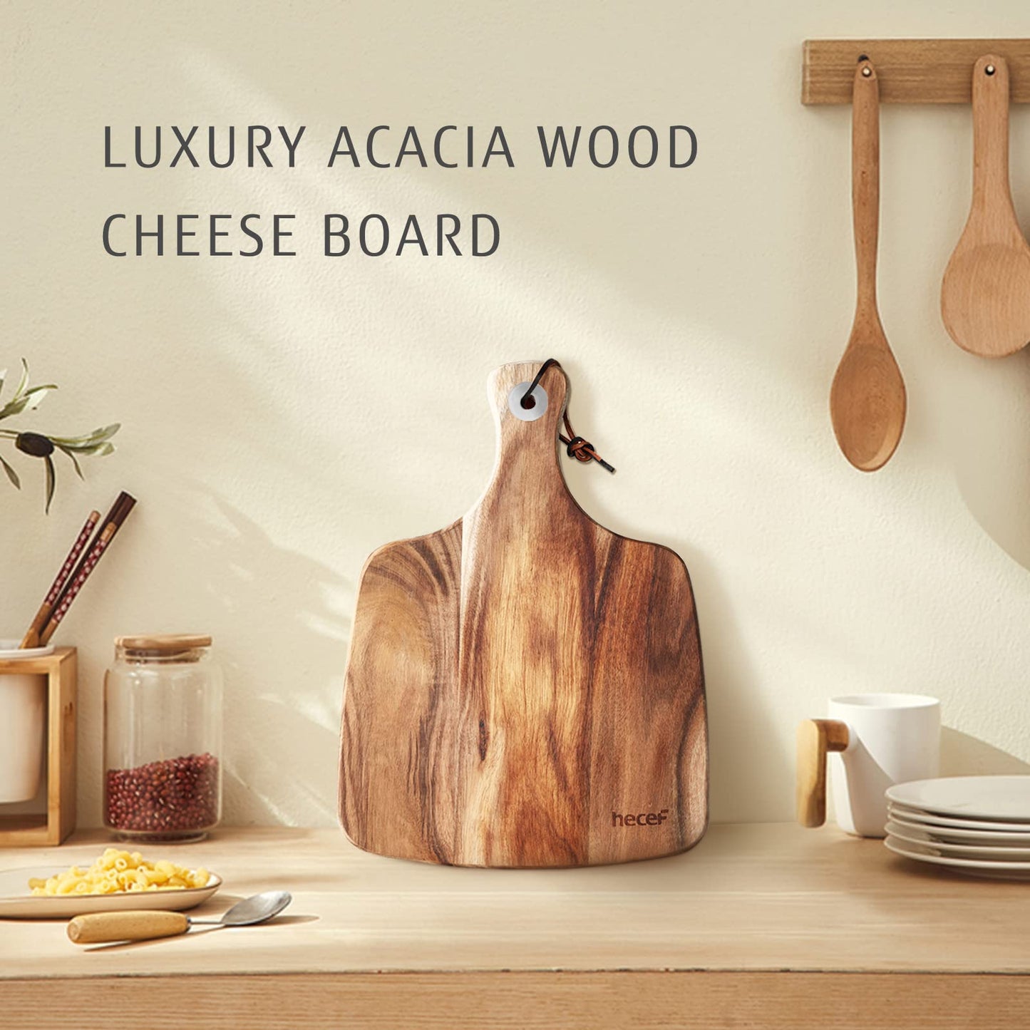 hecef Cheese Board set of 3,a Acacia Wood Cheese Plate, a Knife, a Fork, Charcuterie Board Platter Slate Serving Set(Cheese board with 2 knives)