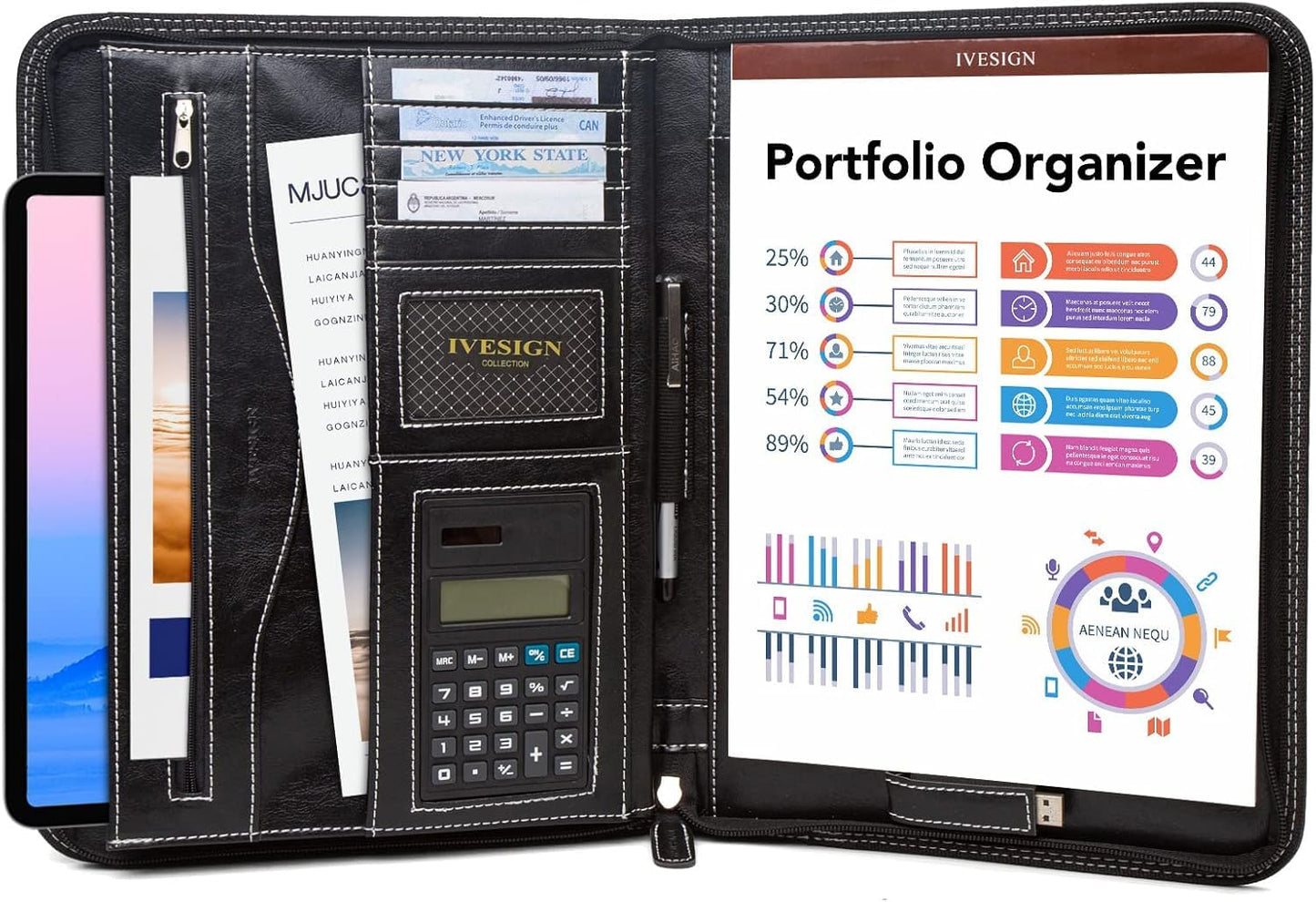 IVESIGN Faux Leather Portfolio Padfolio Organizer with Calculator, Writing Pad, Zipper Closure, Tablet Sleeve, Clipboard with Storage, Document Organizer, Business Card Holder, Note Pads-Black