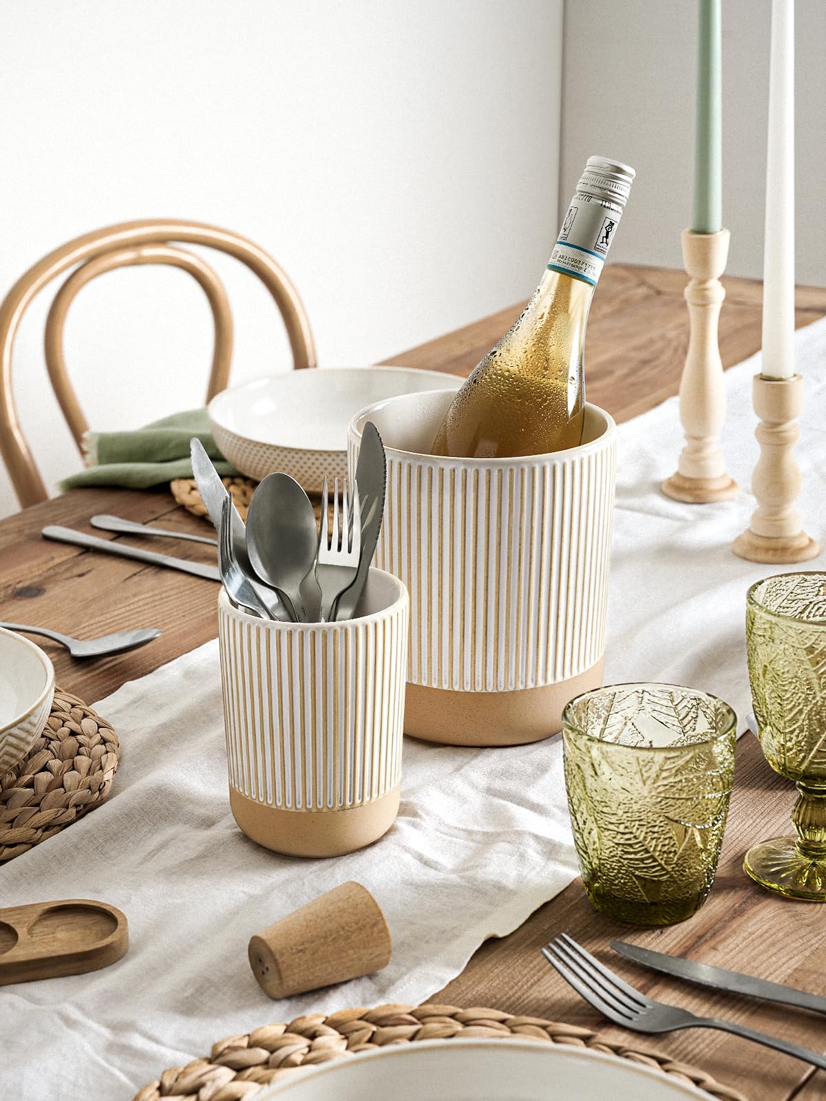 LE TAUCI Ceramic Kitchen Utensil Holder Set of 2 - 6.9"+5.3" Large Cooking Utensil Crock & Organizer for Spatula, Spoon, Whisk - Farmhouse Countertop Storage, Cream Beige, Line