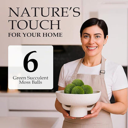 Luxurious White Textured Ceramic Bowl and Greenery Set,12.5x10.5 Inch Pedestal Decorative Bowl, with 6 Green Succulent Moss Balls, Counter Top, Farmhouse Table Centerpiece, Living Room, Kitchen Decor