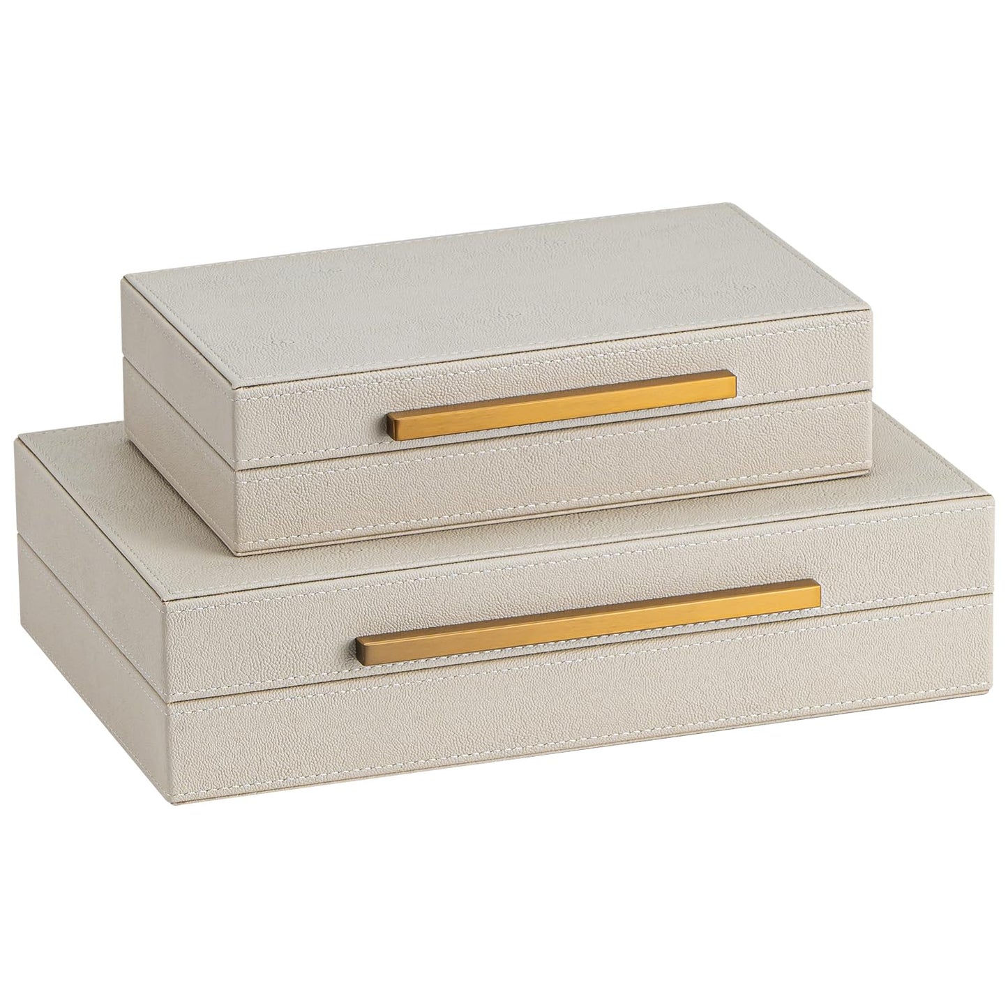 SYYSY Set of 2 Beige Shagreen Decorative Storage Boxes with Gold Metal Handles – Faux Leather Jewelry & Memory Boxes, Nesting Photo Organizers for Home Decor