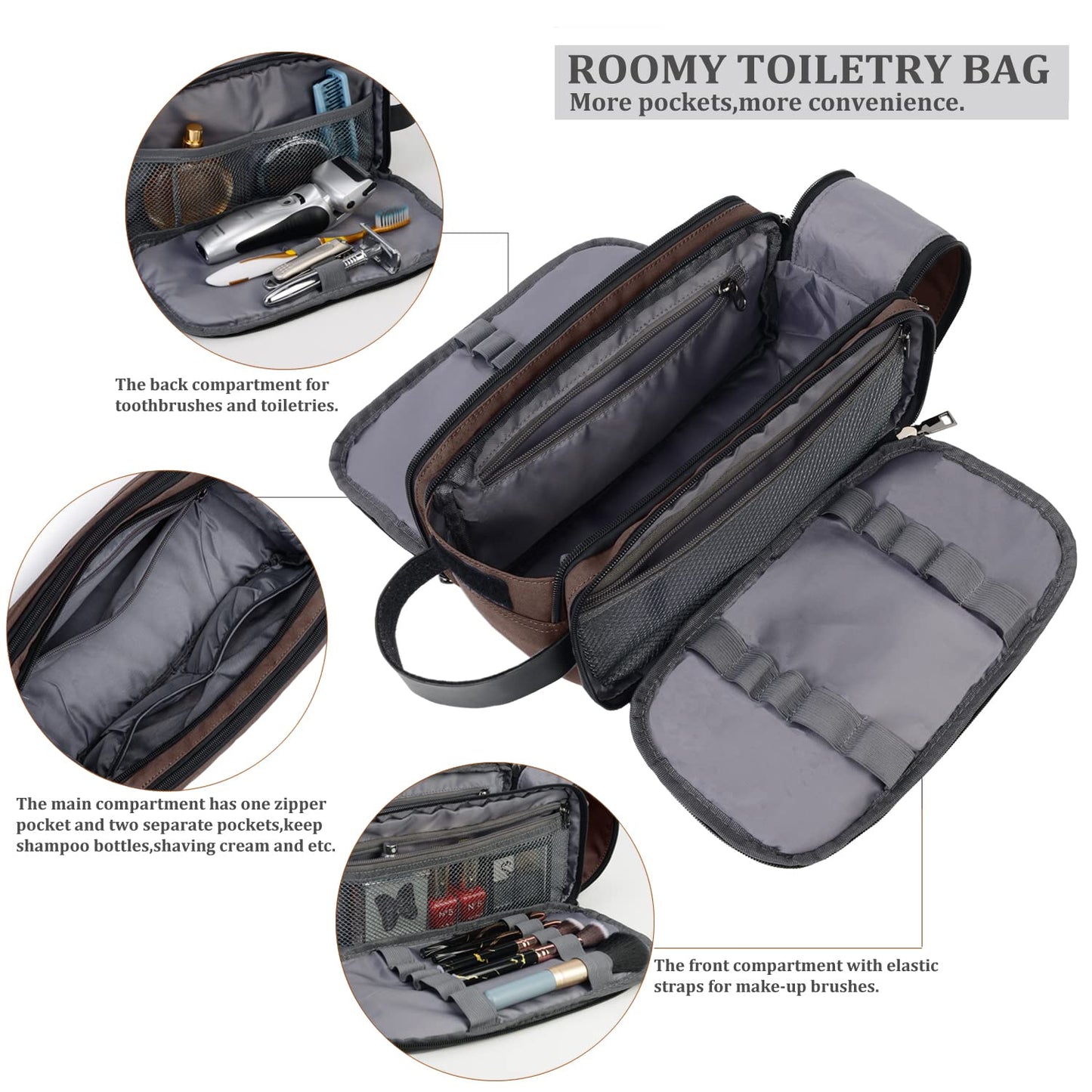 CROCOD Toiletry Bag for Men - Water-Resistant Oxford Travel Organizer Dopp Kit with Double Zippers, Padded Shaving Bag for Bathroom, Gym, Dorm - Multi-Function Cosmetic Storage Bag (Brown)