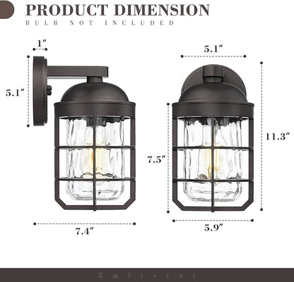 Emliviar Retro Wall Lamp Wall Mounted for House, Medium 1-Light Exterior Wall Lighting with Metal Cage, Oil Rubbed Bronze with Water Ripple Glass Shade, GE255BL ORB-WG