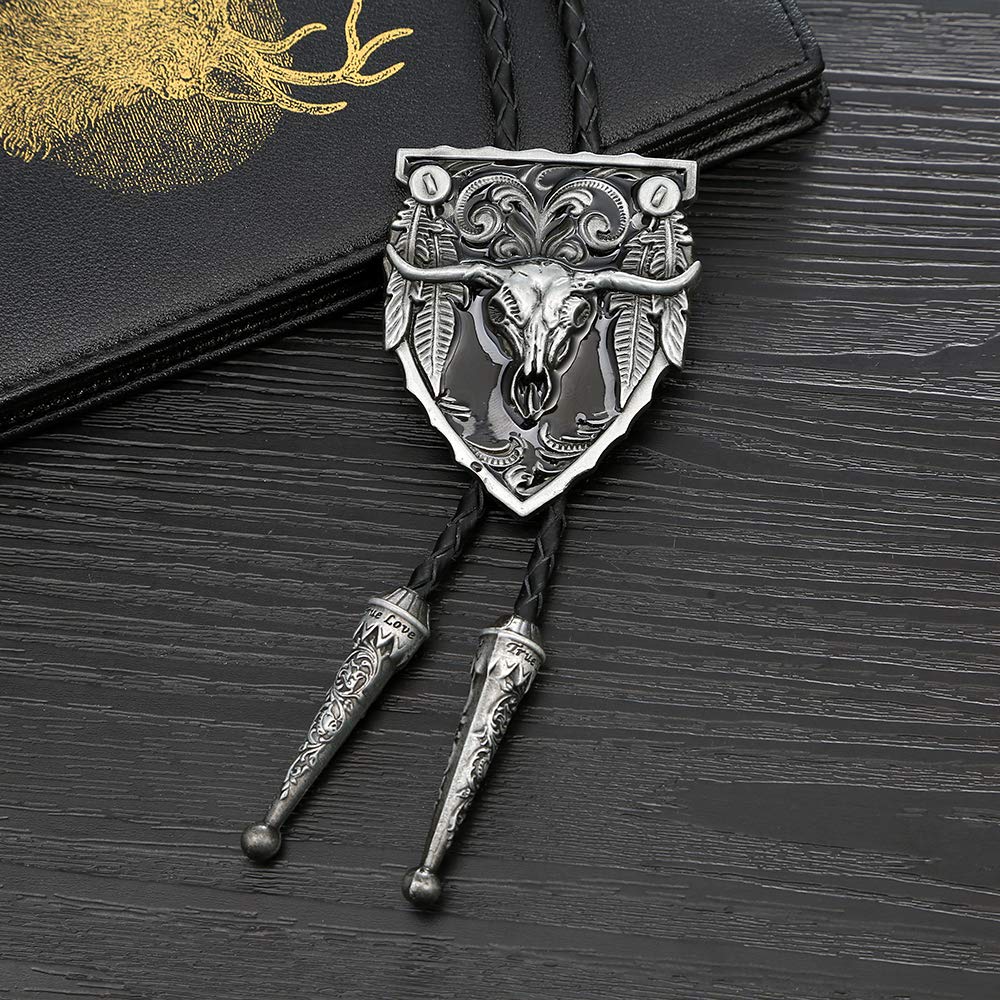 joymiao Leather Bolo Tie Vintage Adjustable Cowboy Neck with Round Silver Pendant Handmade Western Cow Skull Design Necktie