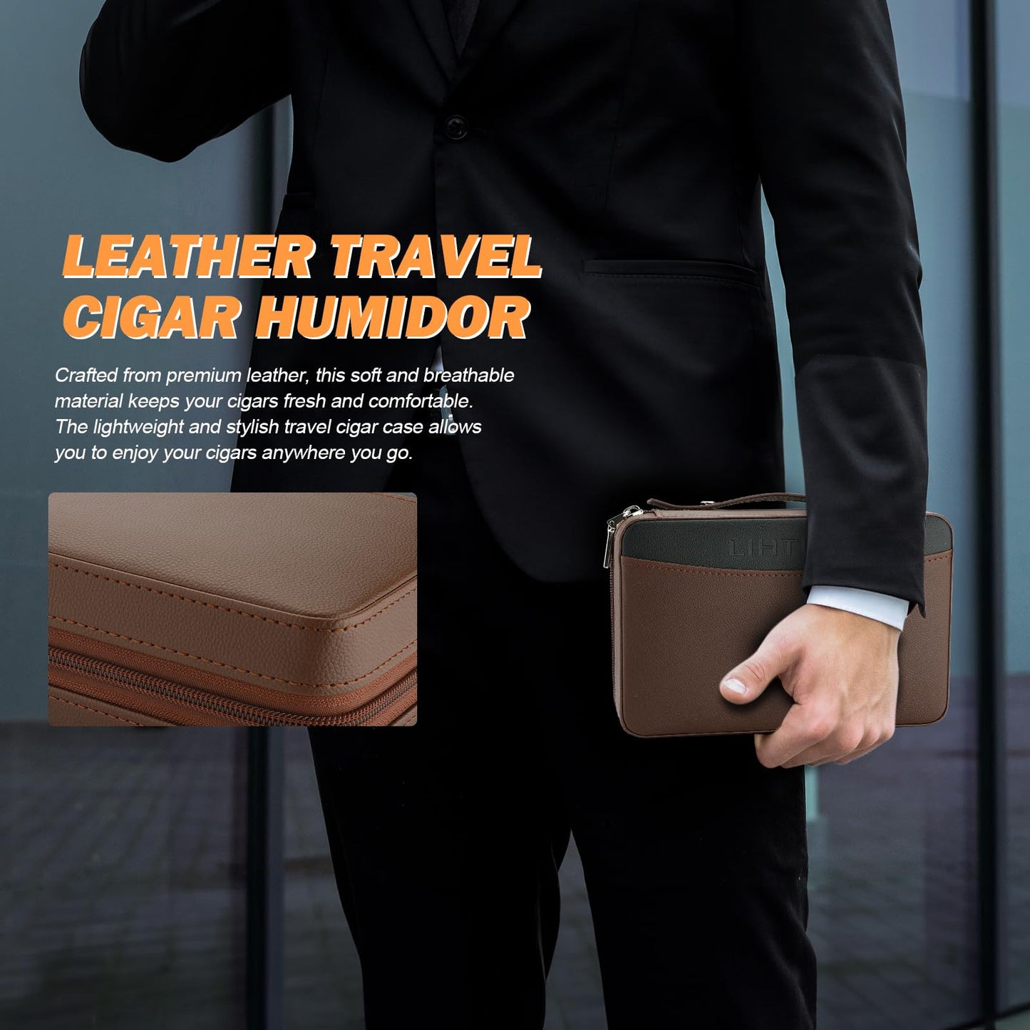 LIHTUN Cigar Humidor, Leather Cedar Wood Travel Cigar Case and Multifunctional in 1 Cigar Lighter Set Portable Travel Humidor Box Cigar Gift for Men (Brown)