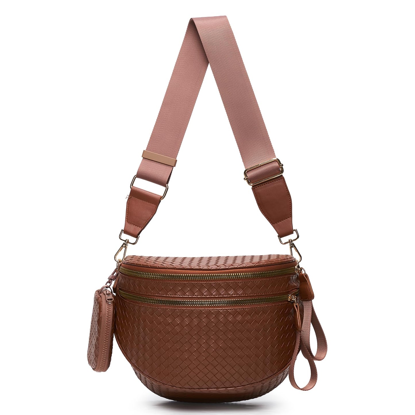 Woven Bum Bags for Women Vegan Leather Crossbody Bag with Coin Purse, Trendy Fanny Packs with Adjustable Wide Strap, Spacious Sling Shoulder Purse for Trave