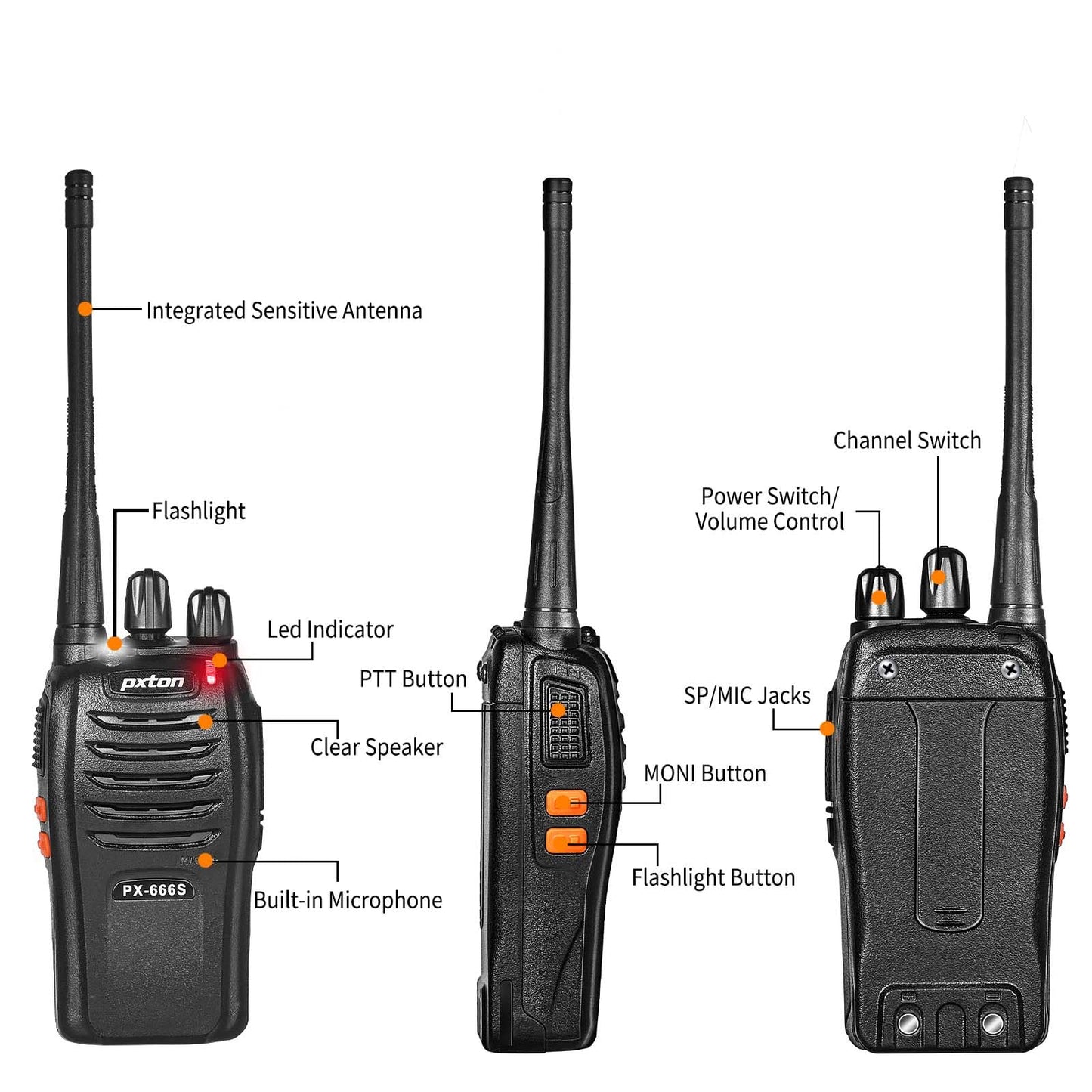 pxton 666S walkie talkies Long Range Rechargeable for Adults with Headphones and Li-ion Battery,2 Way radios has VOX/Noise Reduction/TOT/Flashlight/Monitoring/Scan Function（4 Pack）