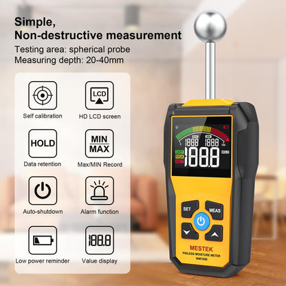 MESTEK Wood Moisture Meter for Non-Destructive Moisture Detection in Drywall, Wood, and Masonry, Moisture Tester with Backlit Color LCD Display & Alarm Function, Detects up to 20-40mm Below Surface