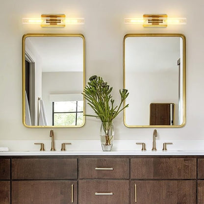 Brass Bathroom Vanity Wall Sconces, 2-Light Glass Tube Wall Sconces, 24 Inch Horizontal or Vertical Linear Wall Sconces,Gold Vanity Light, Indoor Wall Sconces, E26 Bulb Included