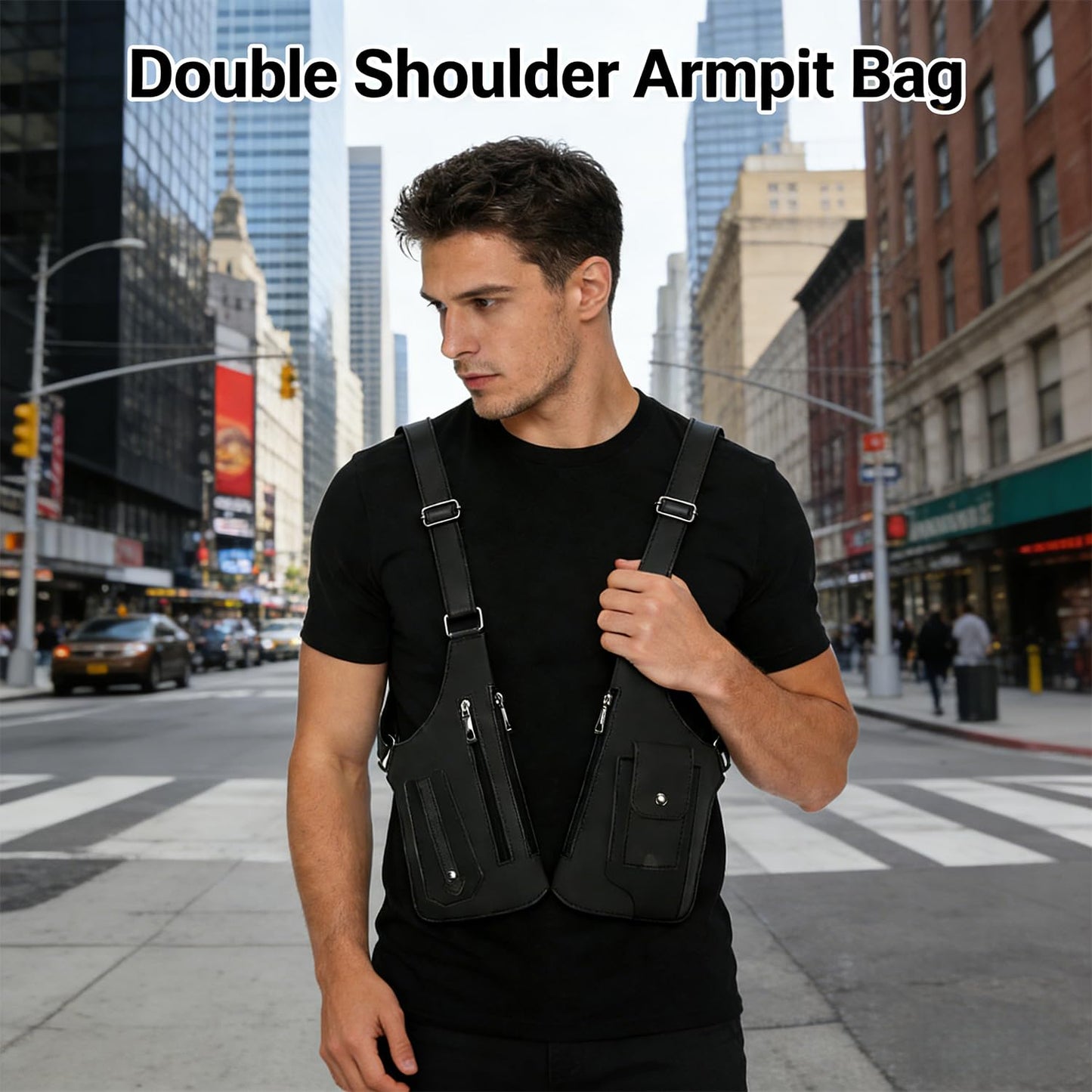 Fylozonu ﻿Double Shoulder Armpit Bag,Leather Adjustable Underarm Shoulder Bag for Men,Men Anti-Theft Underarm Wallet Pocket Holster Phone Leisure Double Shoulder Pouch