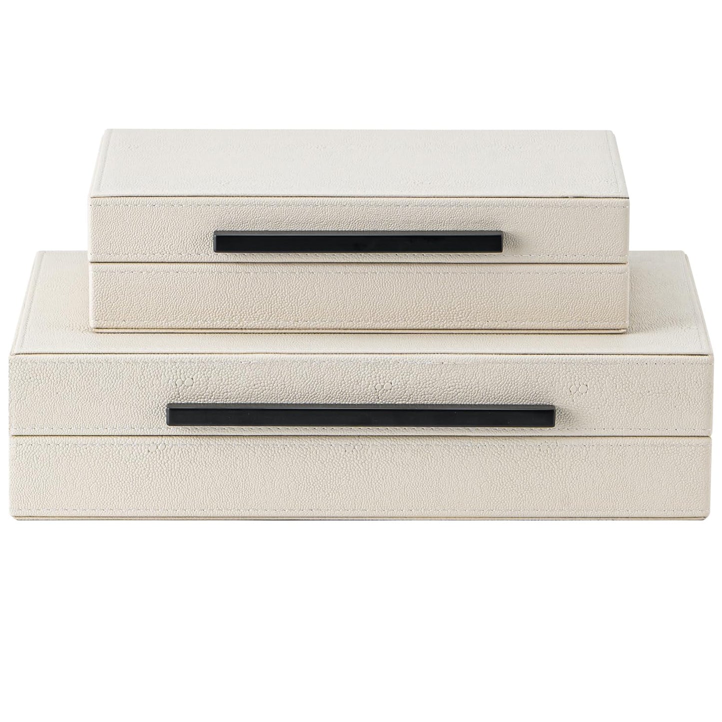 Set of 2 Beige Shagreen Decorative Storage Boxes with Black Metal Handles – Faux Leather Jewelry & Memory Boxes, Nesting Photo Organizers for Home Decor